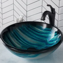 KRAUS 17-Inch Blue Glass Nature Series Bathroom Vessel Sink and Arlo Faucet Combo Set with Pop-Up Drain