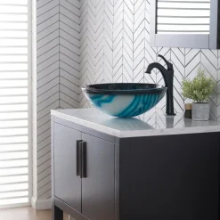 KRAUS 17-Inch Blue Glass Nature Series Bathroom Vessel Sink and Arlo Faucet Combo Set with Pop-Up Drain