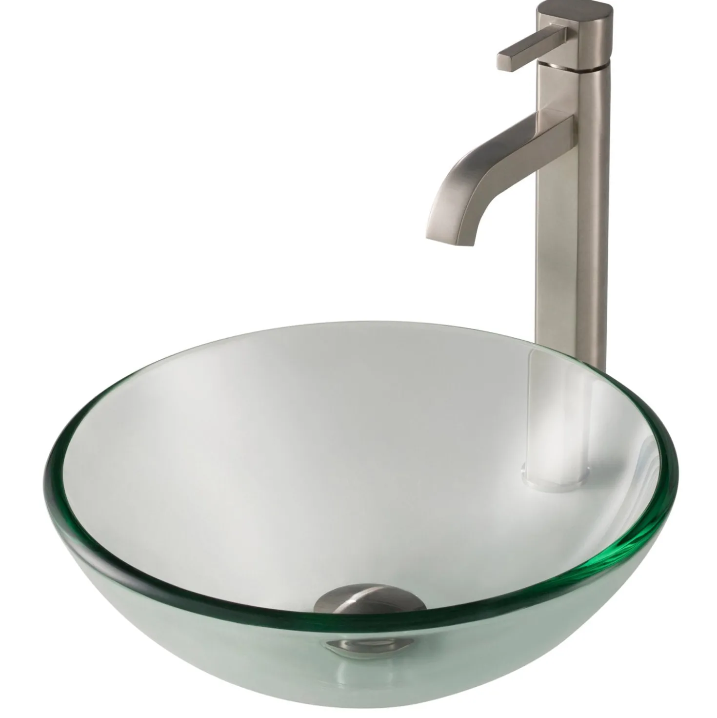 KRAUS 14-Inch Clear Glass Bathroom Vessel Sink and Ramus Faucet Combo Set with Pop-Up Drain