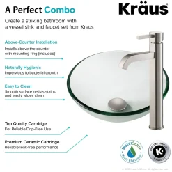 KRAUS 14-Inch Clear Glass Bathroom Vessel Sink and Ramus Faucet Combo Set with Pop-Up Drain