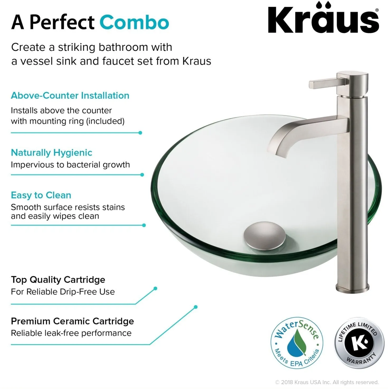 KRAUS 14-Inch Clear Glass Bathroom Vessel Sink and Ramus Faucet Combo Set with Pop-Up Drain