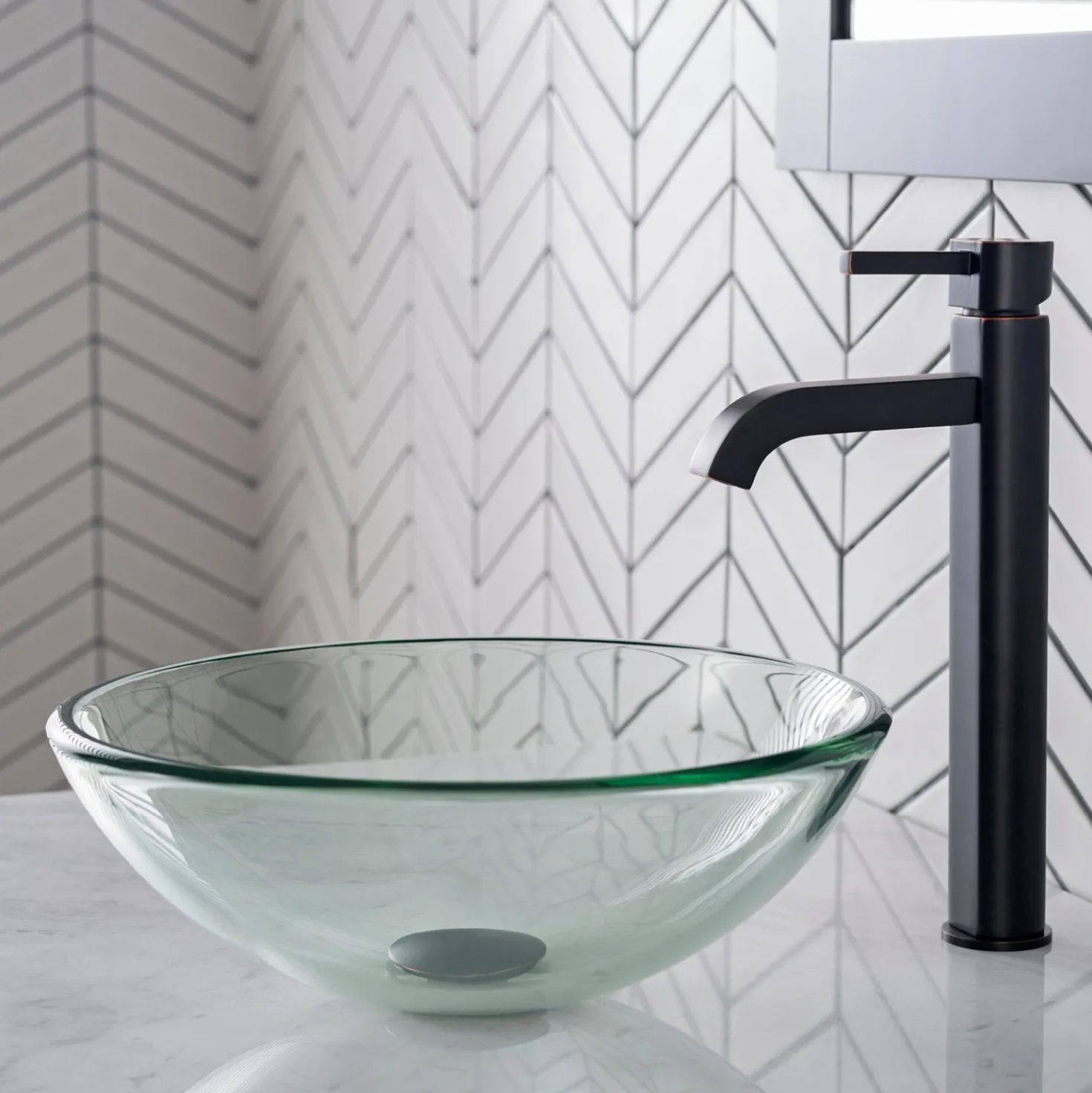 KRAUS 14-Inch Clear Glass Bathroom Vessel Sink and Ramus Faucet Combo Set with Pop-Up Drain