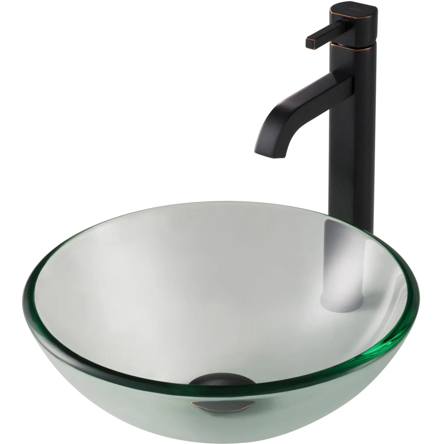 KRAUS 14-Inch Clear Glass Bathroom Vessel Sink and Ramus Faucet Combo Set with Pop-Up Drain