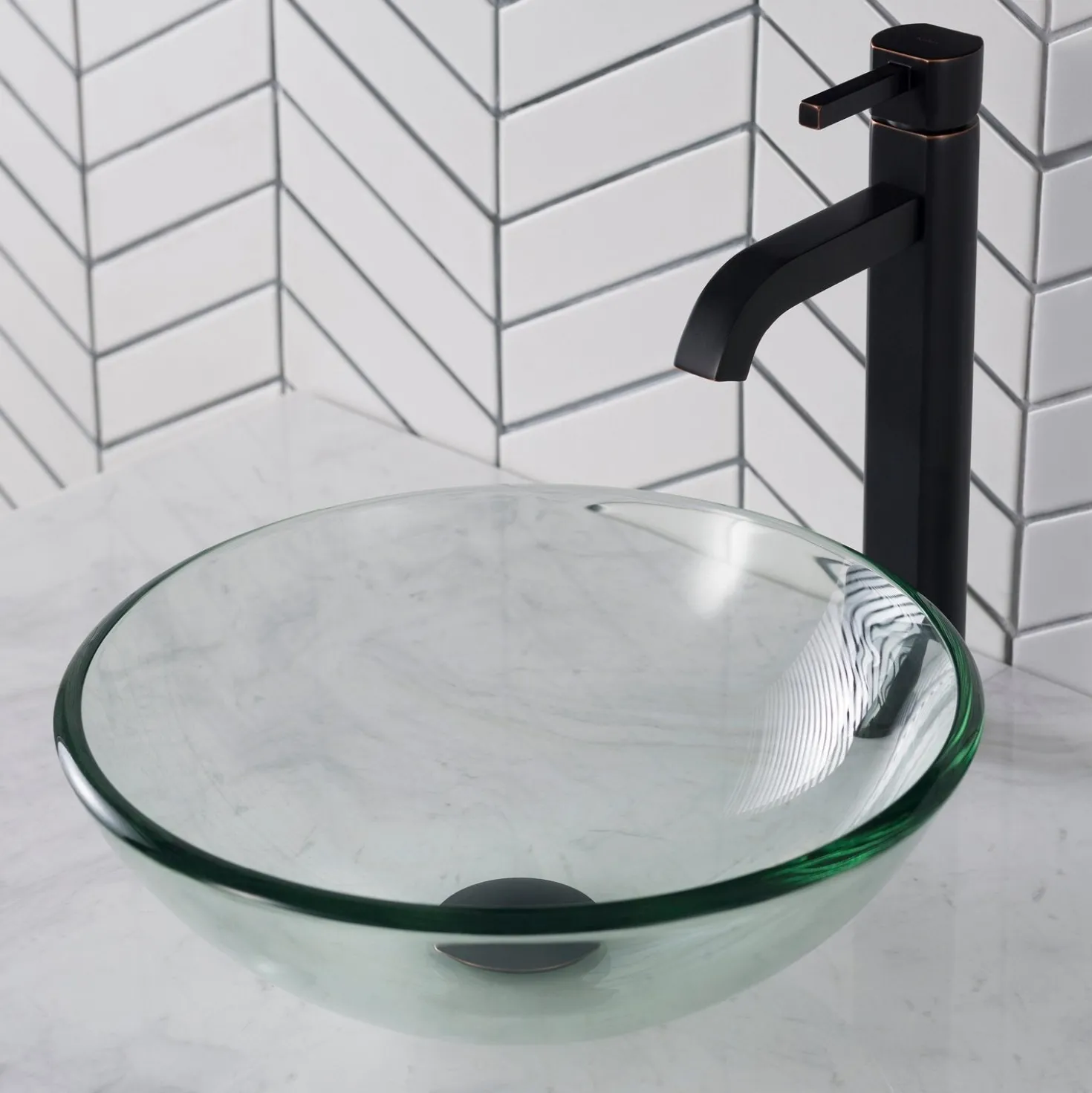 KRAUS 14-Inch Clear Glass Bathroom Vessel Sink and Ramus Faucet Combo Set with Pop-Up Drain