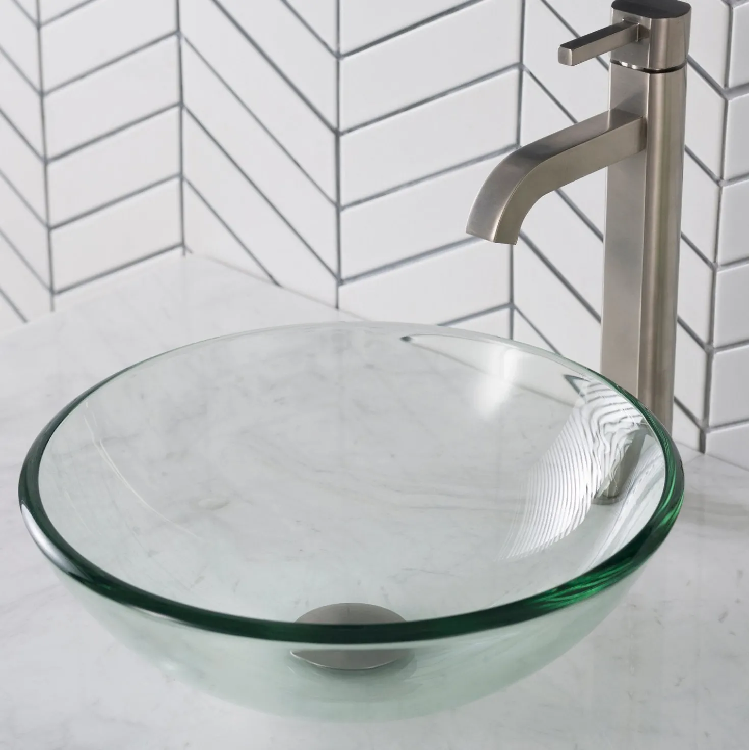 KRAUS 14-Inch Clear Glass Bathroom Vessel Sink and Ramus Faucet Combo Set with Pop-Up Drain