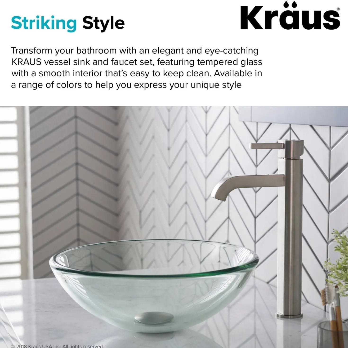 KRAUS 14-Inch Clear Glass Bathroom Vessel Sink and Ramus Faucet Combo Set with Pop-Up Drain