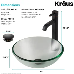 KRAUS 14-Inch Clear Glass Bathroom Vessel Sink and Ramus Faucet Combo Set with Pop-Up Drain