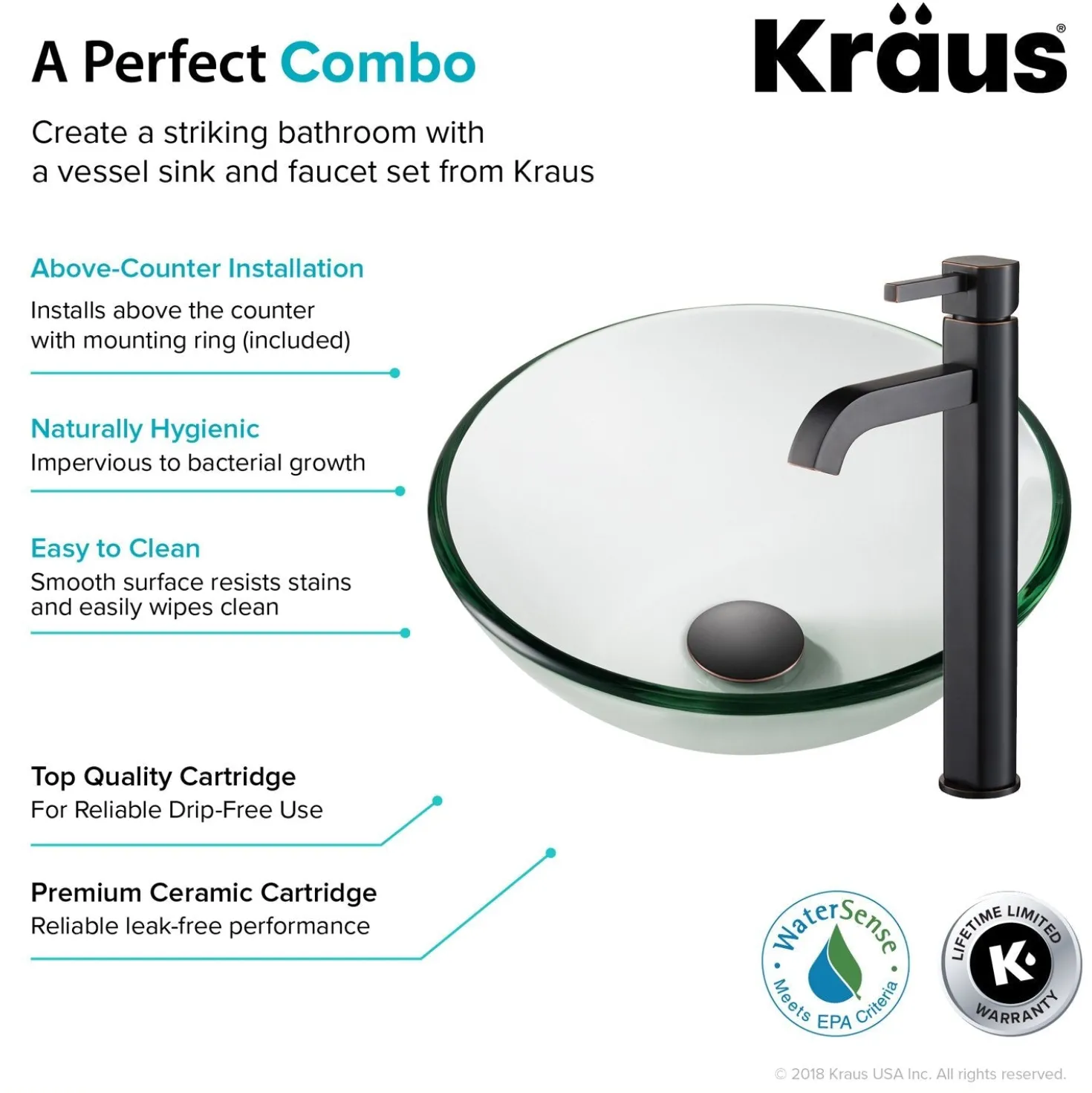KRAUS 14-Inch Clear Glass Bathroom Vessel Sink and Ramus Faucet Combo Set with Pop-Up Drain