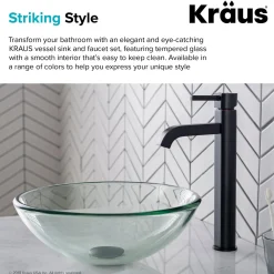 KRAUS 14-Inch Clear Glass Bathroom Vessel Sink and Ramus Faucet Combo Set with Pop-Up Drain