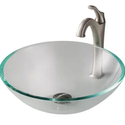KRAUS 16 1/2-Inch Crystal Clear Glass Bathroom Vessel Sink and Arlo Faucet Combo Set with Pop-Up Drain