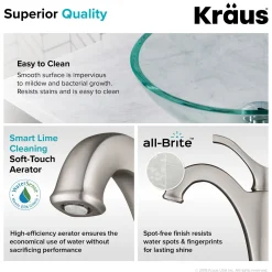 KRAUS 16 1/2-Inch Crystal Clear Glass Bathroom Vessel Sink and Arlo Faucet Combo Set with Pop-Up Drain