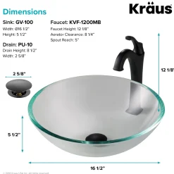 KRAUS 16 1/2-Inch Crystal Clear Glass Bathroom Vessel Sink and Arlo Faucet Combo Set with Pop-Up Drain