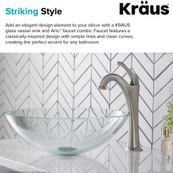 KRAUS 16 1/2-Inch Crystal Clear Glass Bathroom Vessel Sink and Arlo Faucet Combo Set with Pop-Up Drain