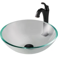 KRAUS 16 1/2-Inch Crystal Clear Glass Bathroom Vessel Sink and Arlo Faucet Combo Set with Pop-Up Drain