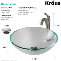 KRAUS 16 1/2-Inch Crystal Clear Glass Bathroom Vessel Sink and Arlo Faucet Combo Set with Pop-Up Drain