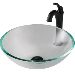 KRAUS 16 1/2-Inch Crystal Clear Glass Bathroom Vessel Sink and Arlo Faucet Combo Set with Pop-Up Drain