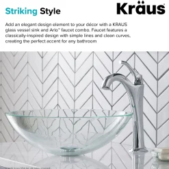 KRAUS 16 1/2-Inch Crystal Clear Glass Bathroom Vessel Sink and Arlo Faucet Combo Set with Pop-Up Drain