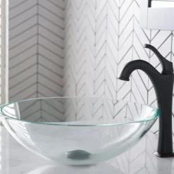 KRAUS 16 1/2-Inch Crystal Clear Glass Bathroom Vessel Sink and Arlo Faucet Combo Set with Pop-Up Drain