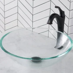 KRAUS 16 1/2-Inch Crystal Clear Glass Bathroom Vessel Sink and Arlo Faucet Combo Set with Pop-Up Drain