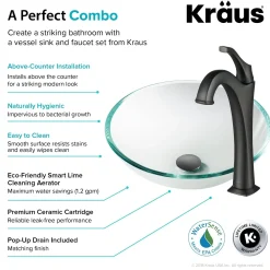 KRAUS 16 1/2-Inch Crystal Clear Glass Bathroom Vessel Sink and Arlo Faucet Combo Set with Pop-Up Drain
