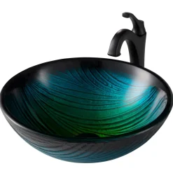 KRAUS 17-Inch Green Glass Nature Series Bathroom Vessel Sink and Arlo Faucet Combo Set with Pop-Up Drain