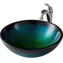 KRAUS 17-Inch Green Glass Nature Series Bathroom Vessel Sink and Arlo Faucet Combo Set with Pop-Up Drain