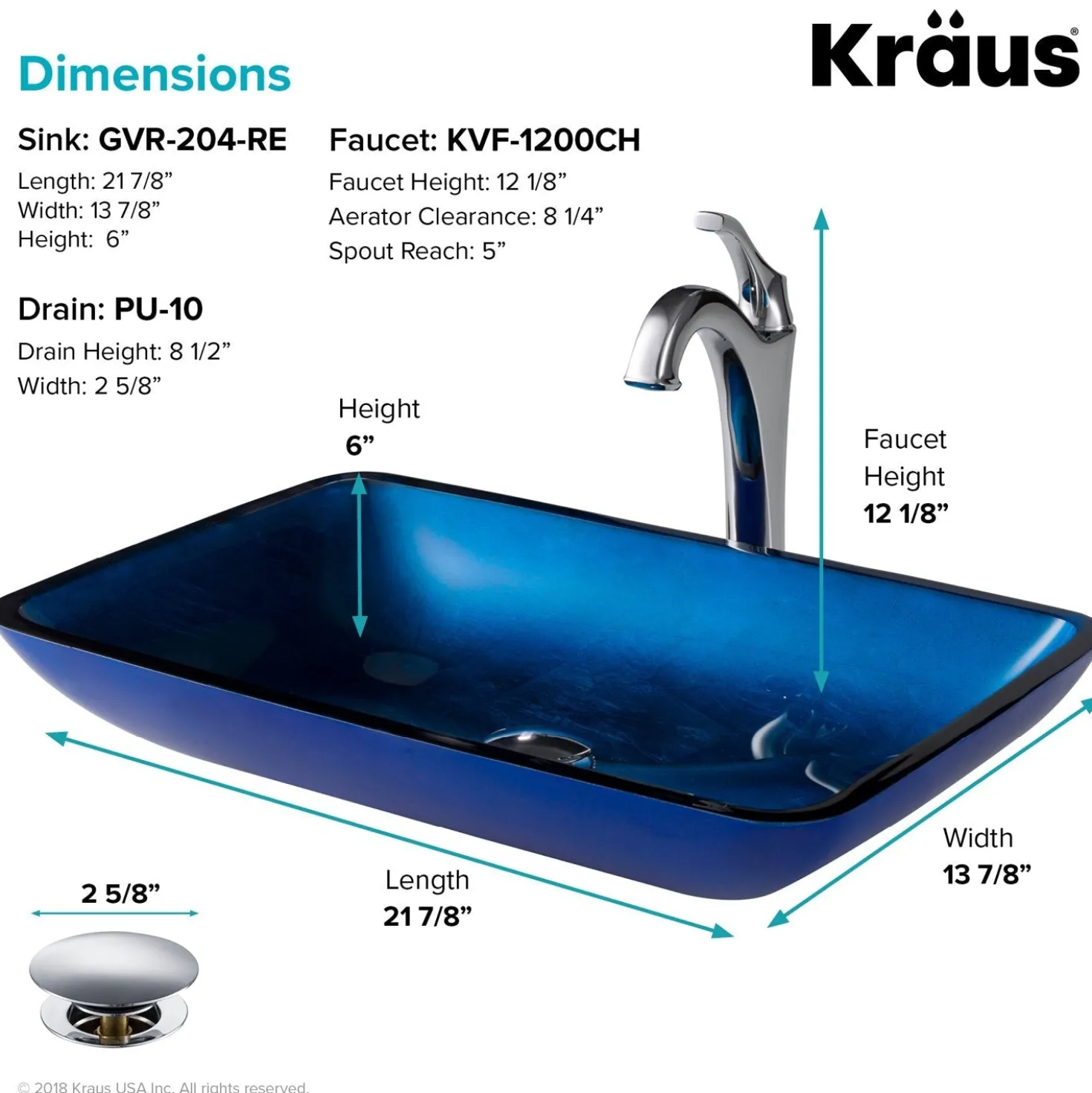 KRAUS 22-Inch Rectangular Blue Glass Bathroom Vessel Sink and Arlo Faucet Combo Set with Pop-Up Drain