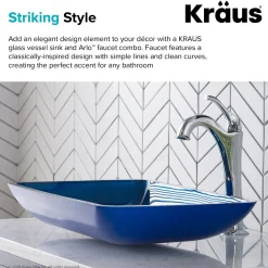 KRAUS 22-Inch Rectangular Blue Glass Bathroom Vessel Sink and Arlo Faucet Combo Set with Pop-Up Drain