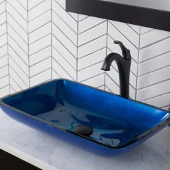 KRAUS 22-Inch Rectangular Blue Glass Bathroom Vessel Sink and Arlo Faucet Combo Set with Pop-Up Drain
