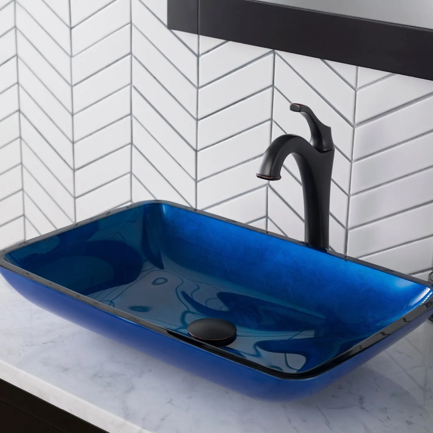 KRAUS 22-Inch Rectangular Blue Glass Bathroom Vessel Sink and Arlo Faucet Combo Set with Pop-Up Drain