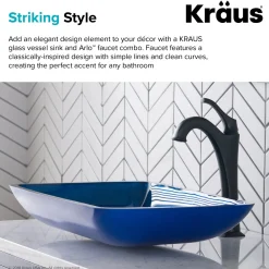 KRAUS 22-Inch Rectangular Blue Glass Bathroom Vessel Sink and Arlo Faucet Combo Set with Pop-Up Drain