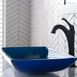 KRAUS 22-Inch Rectangular Blue Glass Bathroom Vessel Sink and Arlo Faucet Combo Set with Pop-Up Drain
