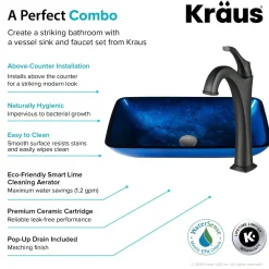 KRAUS 22-Inch Rectangular Blue Glass Bathroom Vessel Sink and Arlo Faucet Combo Set with Pop-Up Drain