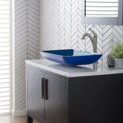 KRAUS 22-Inch Rectangular Blue Glass Bathroom Vessel Sink and Arlo Faucet Combo Set with Pop-Up Drain