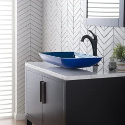 KRAUS 22-Inch Rectangular Blue Glass Bathroom Vessel Sink and Arlo Faucet Combo Set with Pop-Up Drain