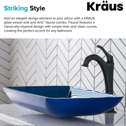 KRAUS 22-Inch Rectangular Blue Glass Bathroom Vessel Sink and Arlo Faucet Combo Set with Pop-Up Drain