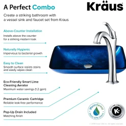 KRAUS 22-Inch Rectangular Blue Glass Bathroom Vessel Sink and Arlo Faucet Combo Set with Pop-Up Drain
