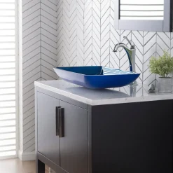KRAUS 22-Inch Rectangular Blue Glass Bathroom Vessel Sink and Arlo Faucet Combo Set with Pop-Up Drain