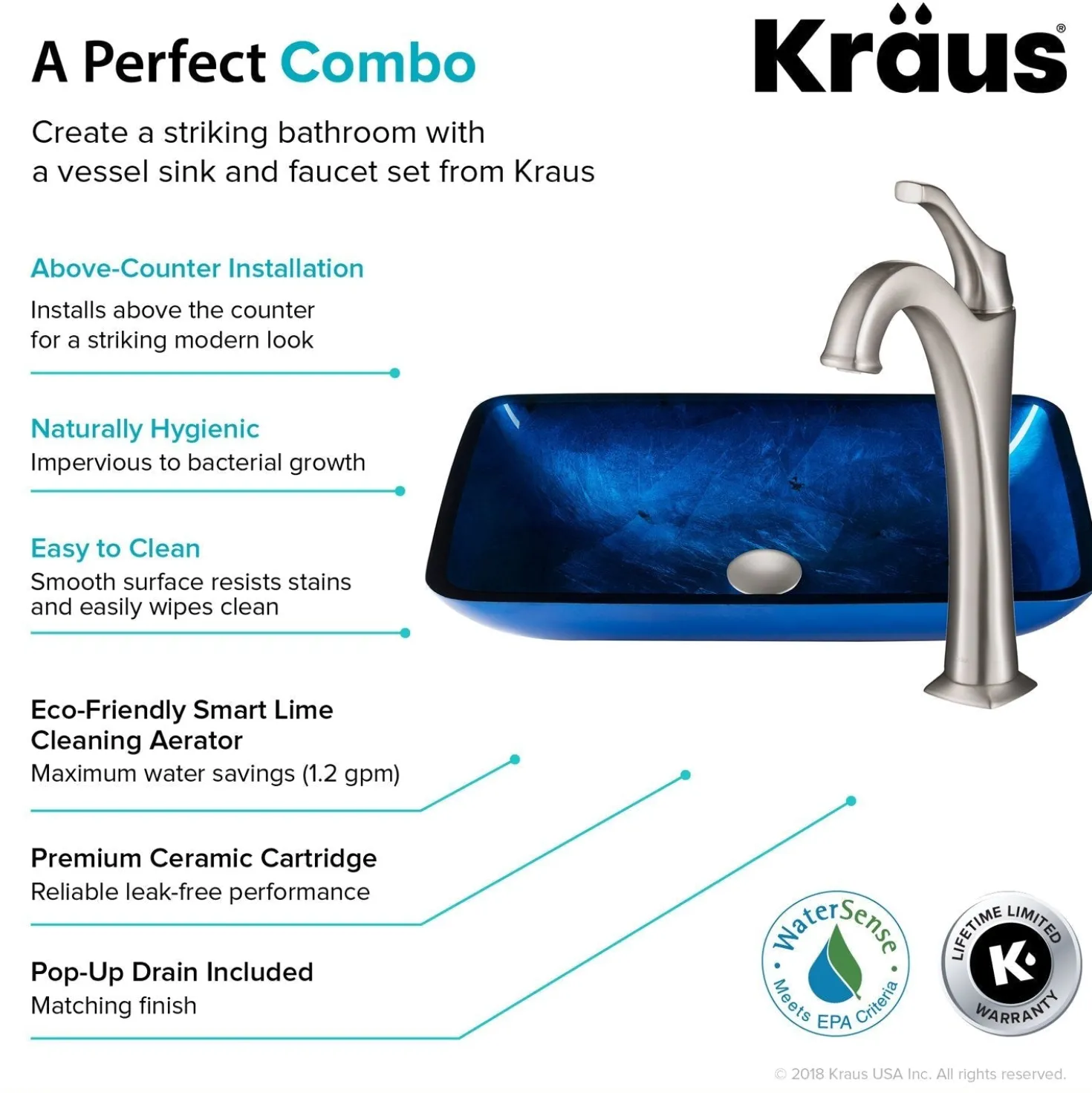 KRAUS 22-Inch Rectangular Blue Glass Bathroom Vessel Sink and Arlo Faucet Combo Set with Pop-Up Drain