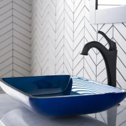 KRAUS 22-Inch Rectangular Blue Glass Bathroom Vessel Sink and Arlo Faucet Combo Set with Pop-Up Drain