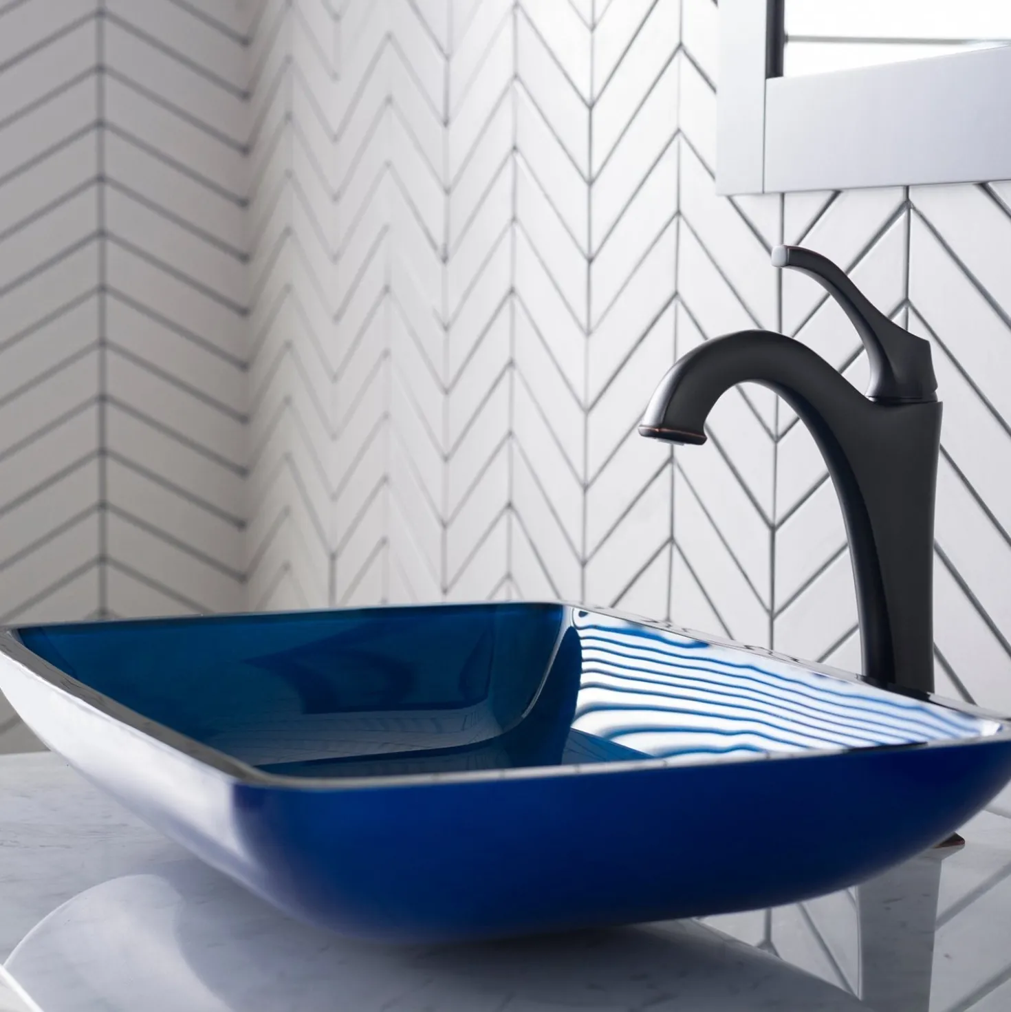 KRAUS 22-Inch Rectangular Blue Glass Bathroom Vessel Sink and Arlo Faucet Combo Set with Pop-Up Drain