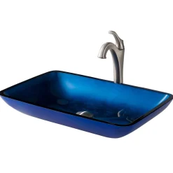 KRAUS 22-Inch Rectangular Blue Glass Bathroom Vessel Sink and Arlo Faucet Combo Set with Pop-Up Drain