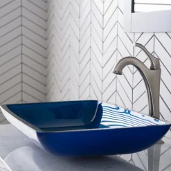 KRAUS 22-Inch Rectangular Blue Glass Bathroom Vessel Sink and Arlo Faucet Combo Set with Pop-Up Drain