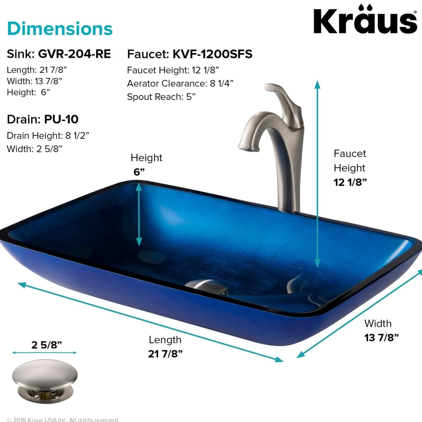 KRAUS 22-Inch Rectangular Blue Glass Bathroom Vessel Sink and Arlo Faucet Combo Set with Pop-Up Drain