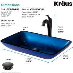 KRAUS 22-Inch Rectangular Blue Glass Bathroom Vessel Sink and Arlo Faucet Combo Set with Pop-Up Drain