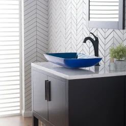 KRAUS 22-Inch Rectangular Blue Glass Bathroom Vessel Sink and Arlo Faucet Combo Set with Pop-Up Drain