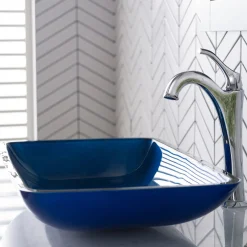 KRAUS 22-Inch Rectangular Blue Glass Bathroom Vessel Sink and Arlo Faucet Combo Set with Pop-Up Drain
