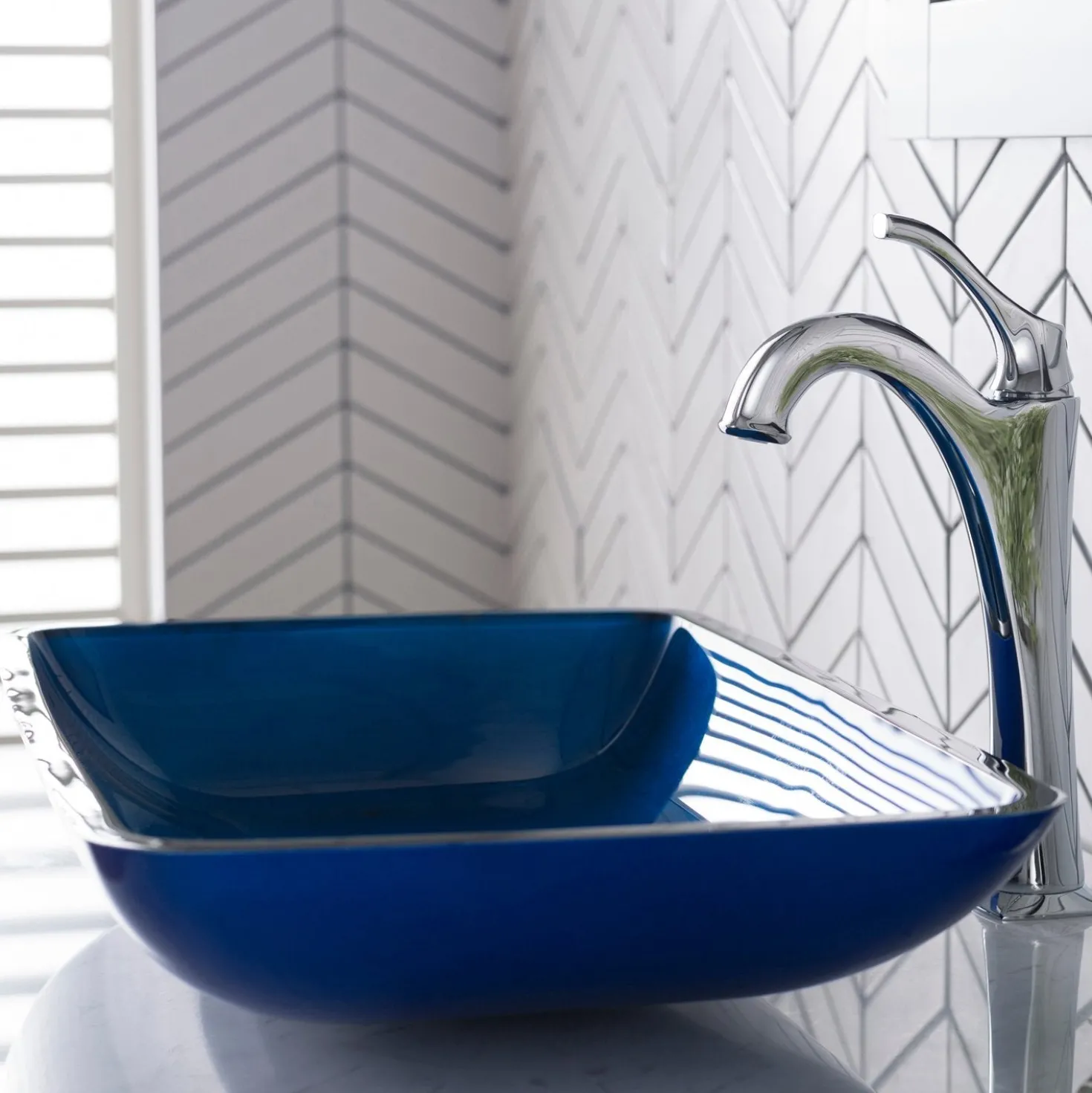 KRAUS 22-Inch Rectangular Blue Glass Bathroom Vessel Sink and Arlo Faucet Combo Set with Pop-Up Drain