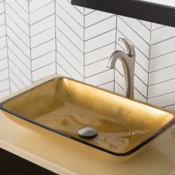 KRAUS 22-Inch Rectangular Gold Glass Bathroom Vessel Sink and Arlo Faucet Combo Set with Pop-Up Drain