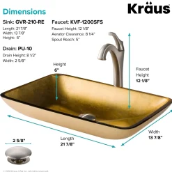 KRAUS 22-Inch Rectangular Gold Glass Bathroom Vessel Sink and Arlo Faucet Combo Set with Pop-Up Drain